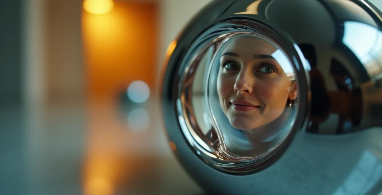 Vue macro d'une surface réfléchissante déformée montrant des fragments de visage